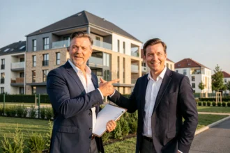 Conseiller en investissement locatif devant un programme immobilier neuf en Seine-et-Marne