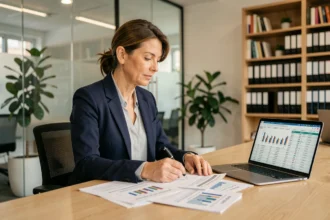 Conseillère financière analysant des documents de SCPI en assurance vie dans un bureau moderne