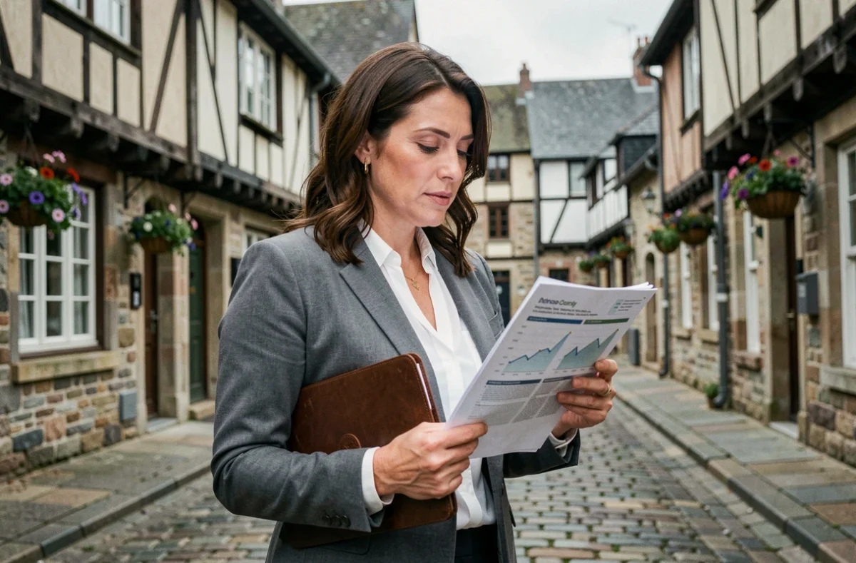 Conseillère financière spécialisée en rachat de crédit dans une rue historique de Normandie