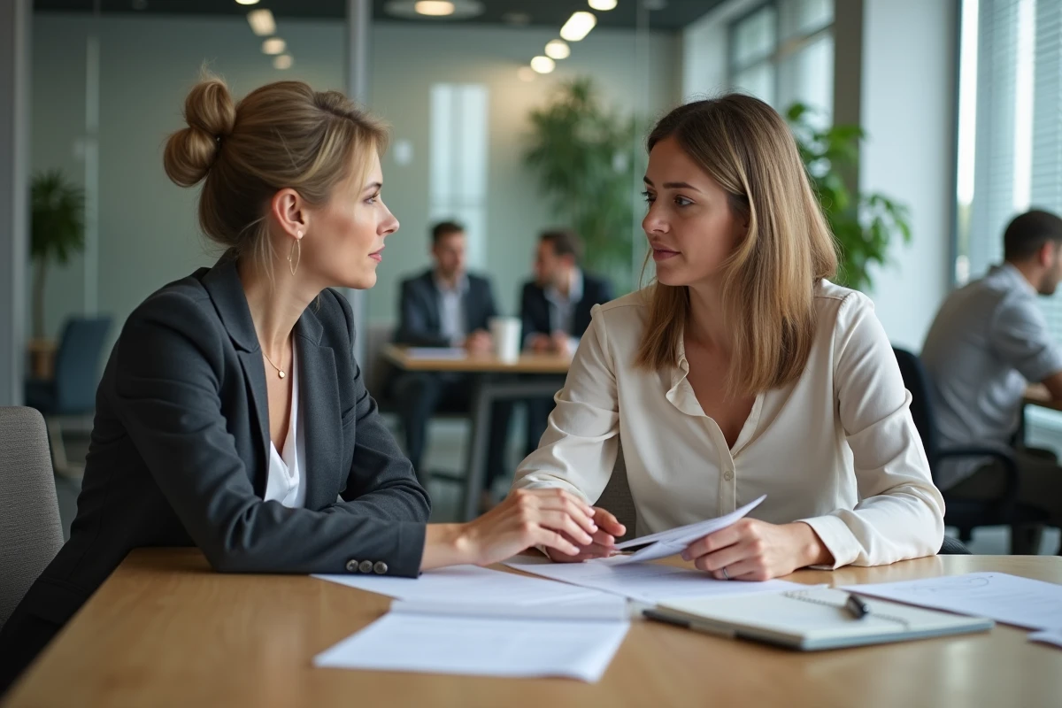 Conseillère RH expliquant les droits au chômage et la durée de cotisation à une salariée lors d'un entretien administratif en entreprise