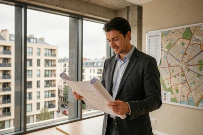 Conseiller en investissement locatif analysant des documents immobiliers devant un panorama urbain de Seine-Saint-Denis