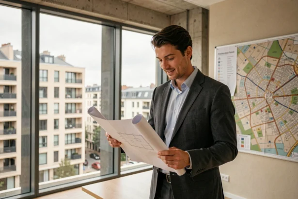 Conseiller en investissement locatif analysant des documents immobiliers devant un panorama urbain de Seine-Saint-Denis