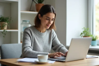 Femme consultant son espace bancaire en ligne sur un ordinateur portable depuis son bureau à domicile