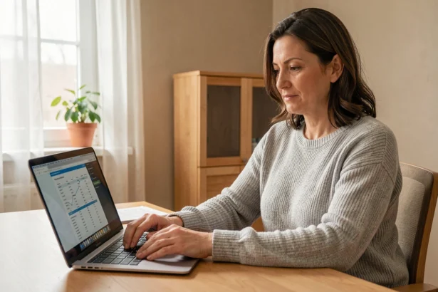 Femme consultant ses relevés bancaires en ligne sur un ordinateur portable dans un bureau à domicile