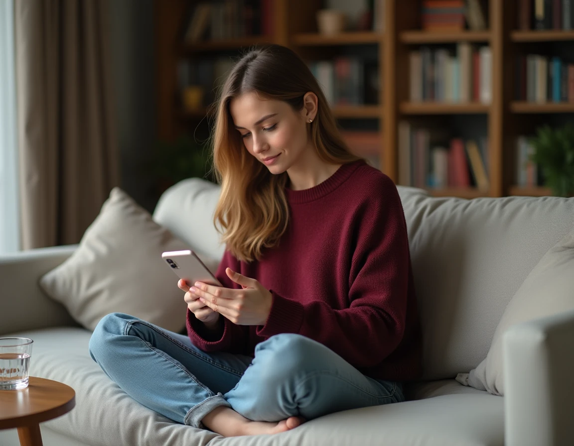 Jeune femme envoyant un email au service client Cofica Bail depuis son smartphone sur son canapé
