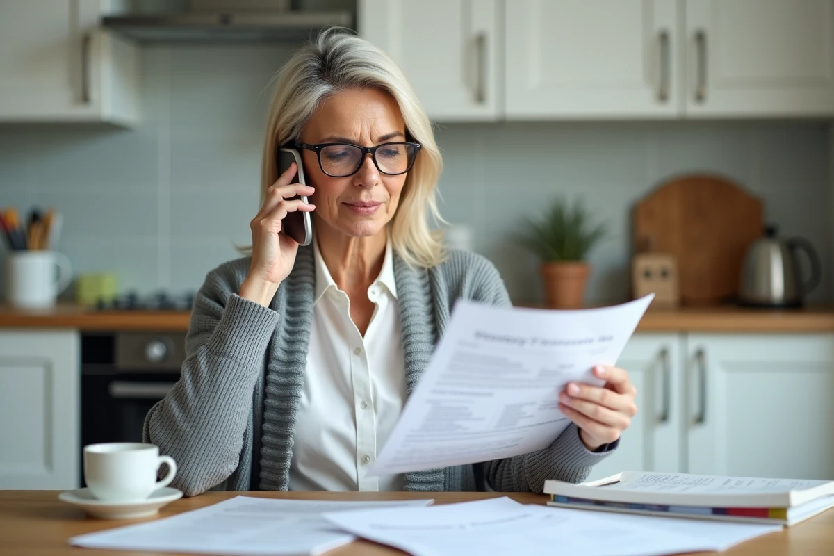 Femme au téléphone consultant ses documents d'assurance ACM IARD pour déposer une réclamation