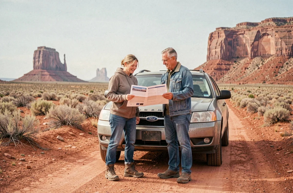 Couple examinant leur assurance voyage dans un paysage désertique américain lors d'un road trip