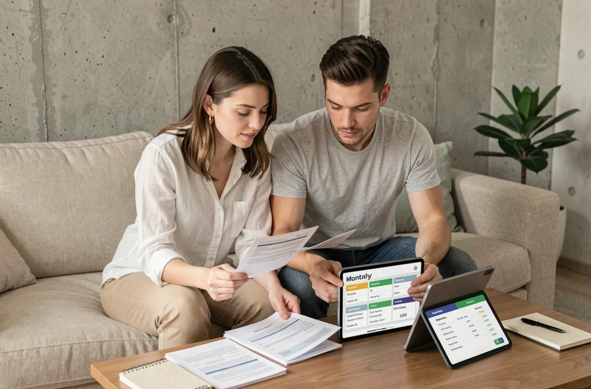 Couple analysant ensemble leur budget mensuel avec les relevés et l'espace client Société Générale sur tablette