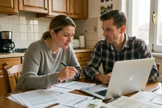 Couple calculant leur budget familial autour d'une table avec des documents et un ordinateur portable ouvert sur un tableau de chiffres