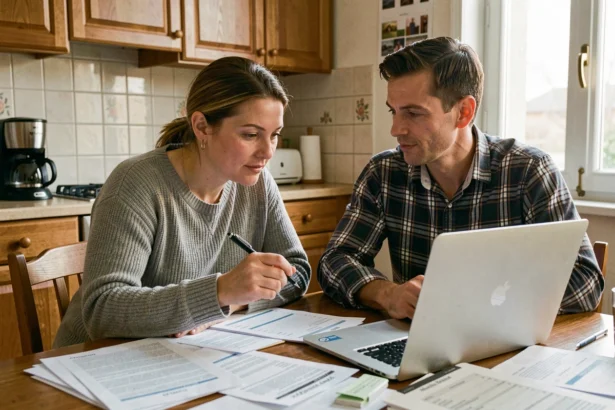 Couple calculant leur budget familial autour d'une table avec des documents et un ordinateur portable ouvert sur un tableau de chiffres
