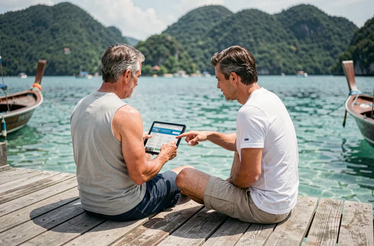 Couple comparant des assurances voyage sur une tablette depuis un ponton face à la mer à Koh Samui