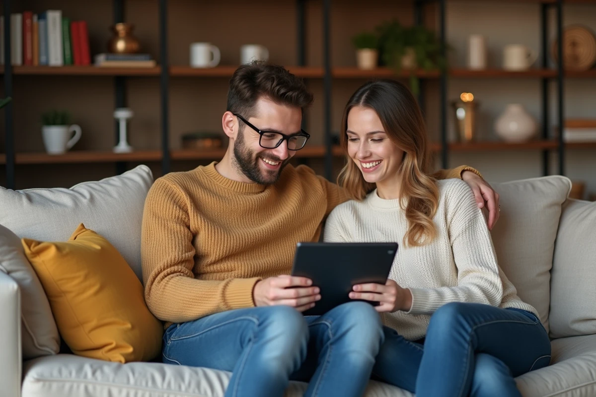 Couple configurant ensemble les alertes bancaires Cyberplus Banque Populaire sur une tablette dans leur salon