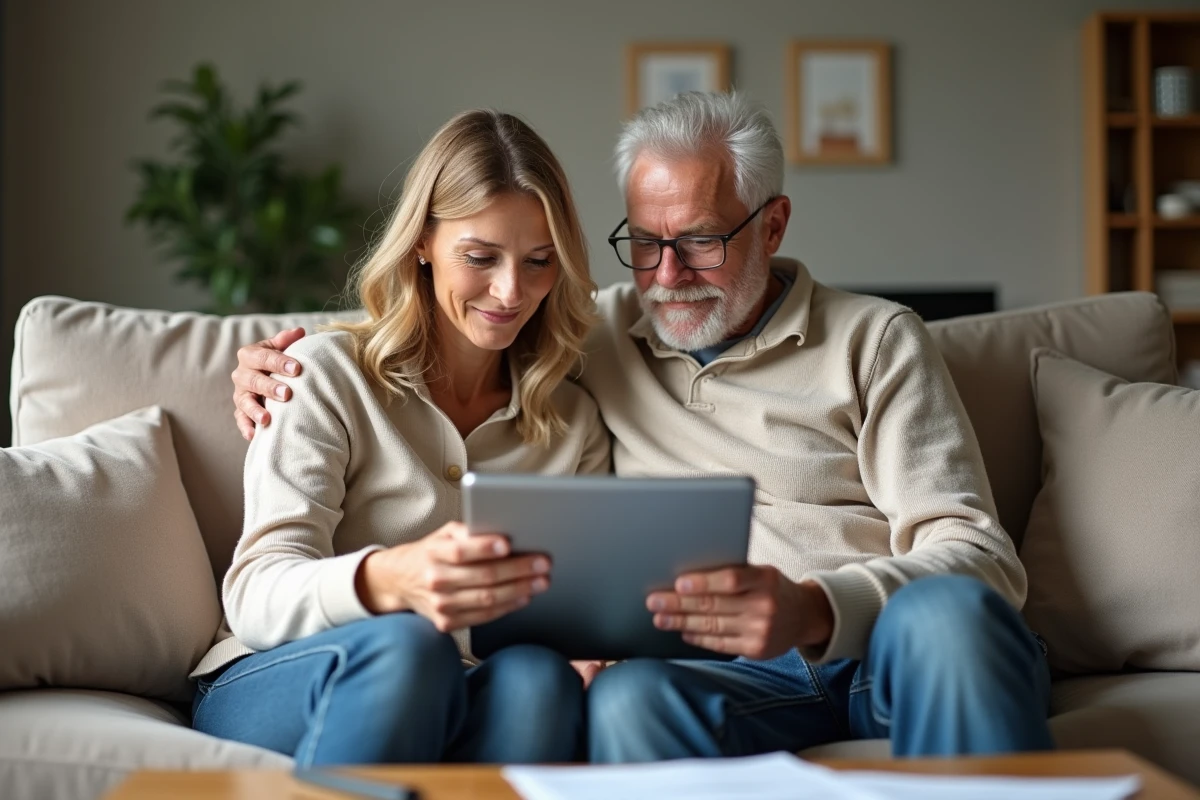 Couple consultant ensemble un relevé bancaire en ligne sur une tablette dans leur salon