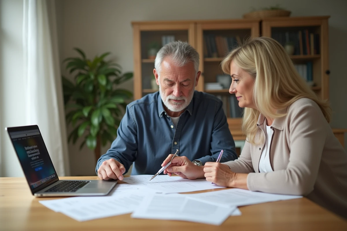 Couple consultant des documents d'assurance pour résilier leurs contrats habitation et auto avec le même courrier