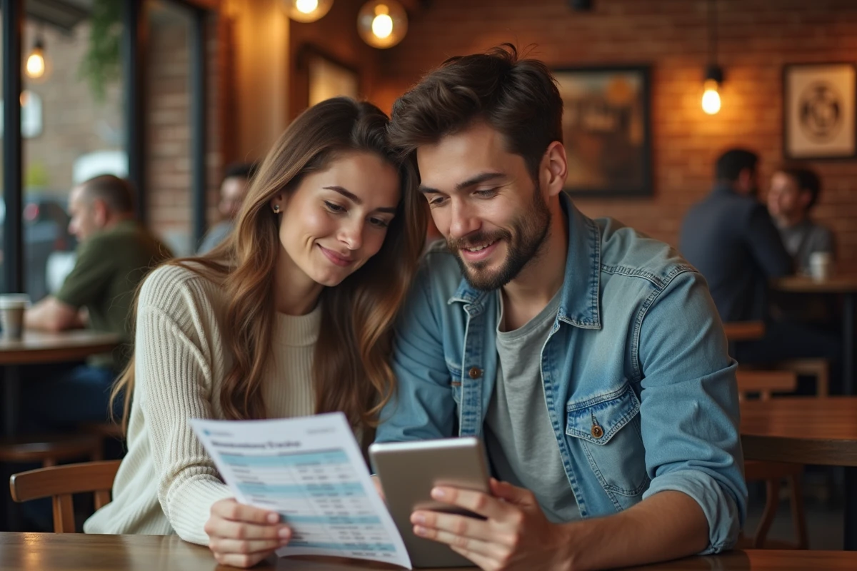 Couple discutant de leurs économies et paiements bancaires autour d'une tablette dans un café urbain