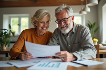 Couple souriant examinant papiers financiers à la maison