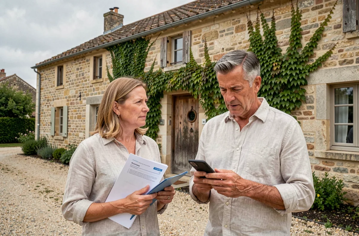 Couple de nouveaux propriétaires devant leur maison française consultant les options de mensualisation de la taxe foncière