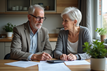 Couple d'âge moyen examinant des documents de retraite à la maison