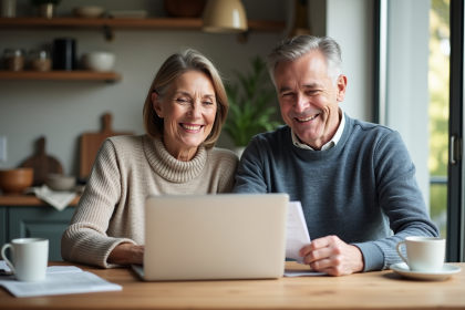 Couple souriant en cuisine revoyant des documents financiers