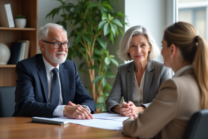 Couple senior en conseil bancaire dans un bureau moderne