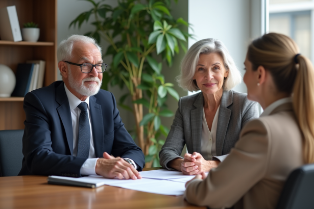 Couple senior en conseil bancaire dans un bureau moderne