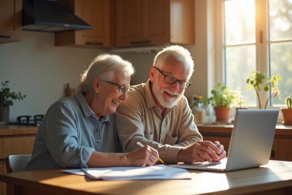 Couple senior souriant organisant papiers à la maison
