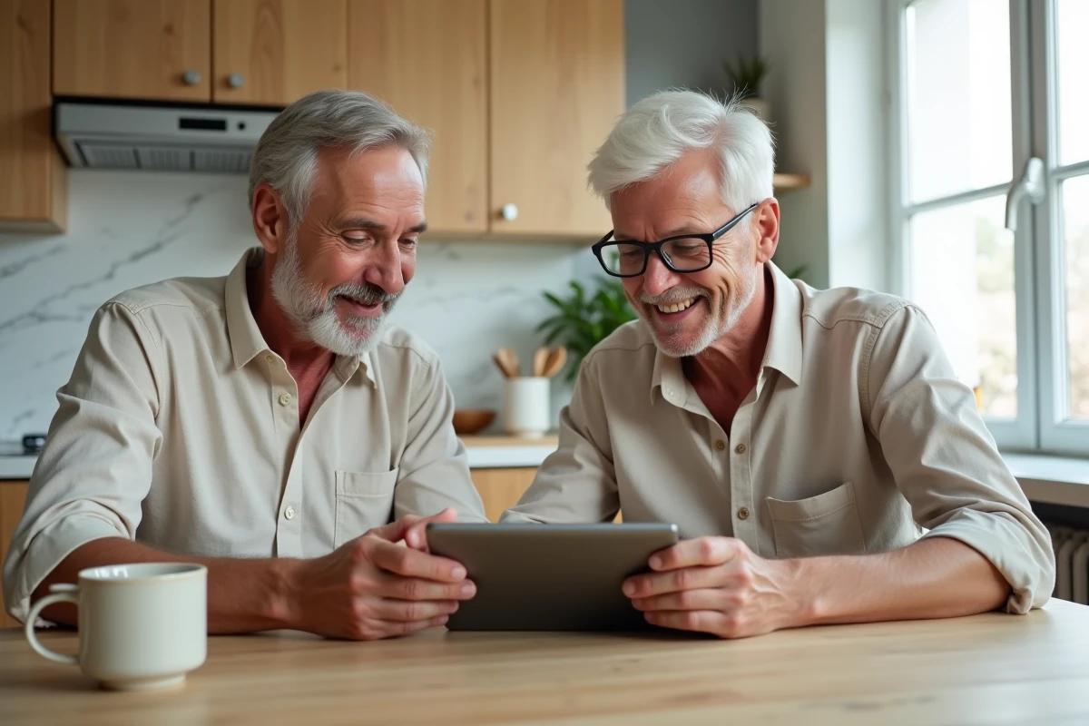 Couple de seniors étudiant les taux garantis d'un compte à terme sur une tablette dans leur cuisine