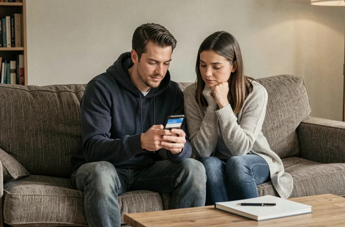 Couple consultant une simulation de budget sur smartphone depuis leur salon pour évaluer l'impact du chômage sur leurs revenus