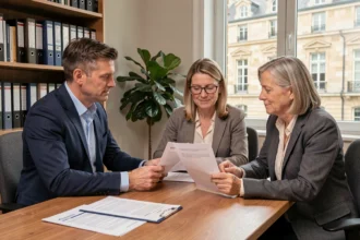 Courtier en rachat de crédit conseillant un couple dans un bureau en Normandie