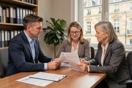 Courtier en rachat de crédit conseillant un couple dans un bureau en Normandie