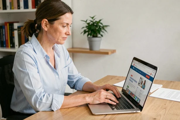 Femme créant son compte en ligne Caisse d'Epargne sur un ordinateur portable depuis son bureau à domicile