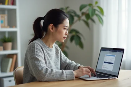 Femme créant son compte en ligne Merci Victor sur un ordinateur portable dans un bureau à domicile