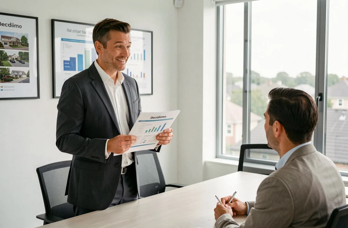 Conseiller Decidimo discutant de rendements locatifs avec un client investisseur en Seine-Saint-Denis