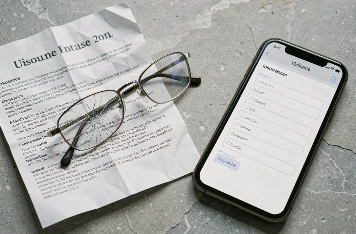 Lunettes cassées posées sur un document d'assurance et un smartphone pour déclarer un sinistre perte ou casse de lunettes