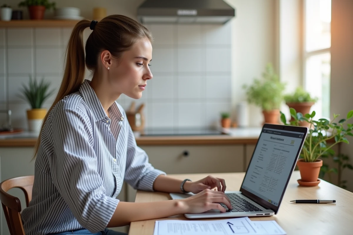Jeune femme consultant le site des impôts depuis chez elle pour une démarche de remboursement ou de mensualisation fiscale