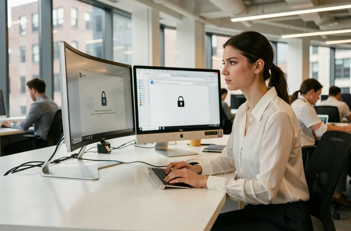 Jeune professionnelle identifiant un email de phishing sur son ordinateur de bureau dans un open space pour protéger ses accès bancaires