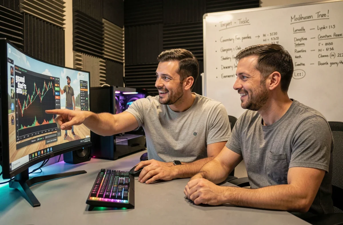 Deux joueurs collaborant sur une stratégie d'investissement avancée dans GTA 5 devant un écran de graphique boursier