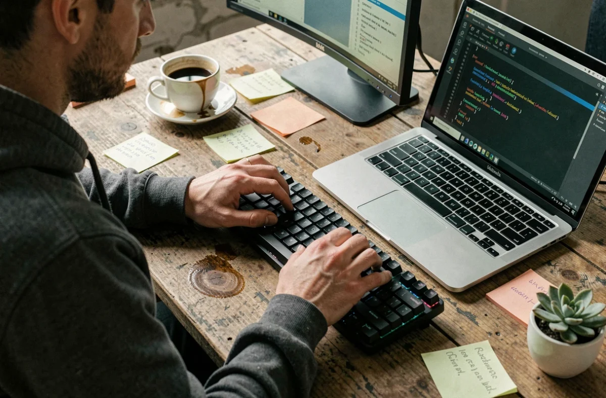 Mains d'un développeur codant un modèle de machine learning pour le scoring automatique de risque crédit