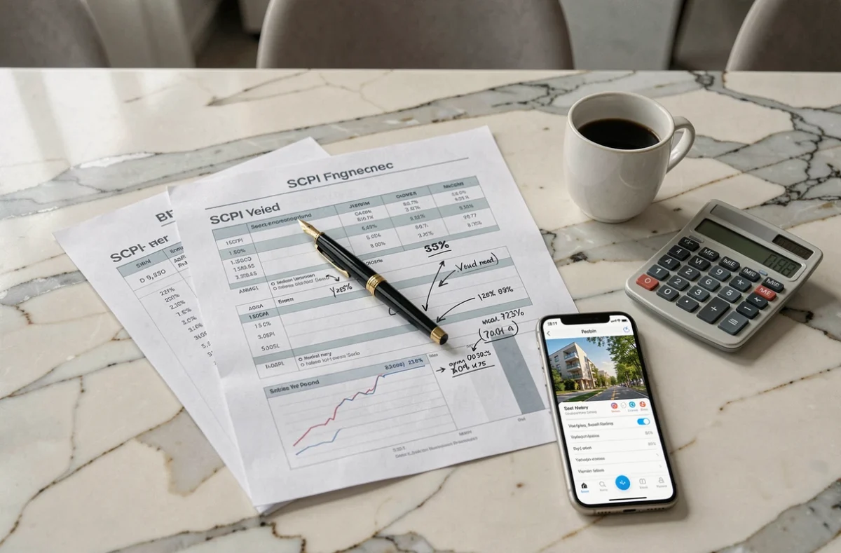 Documents de performance SCPI avec taux de rendement annotés en vue flatlay sur une table en marbre