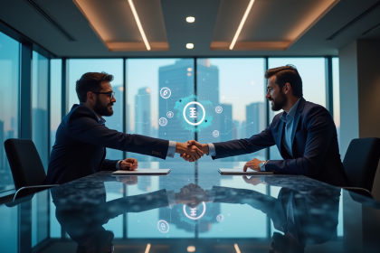 Homme d'affaires et développeur blockchain se serrant la main avec des graphiques numériques