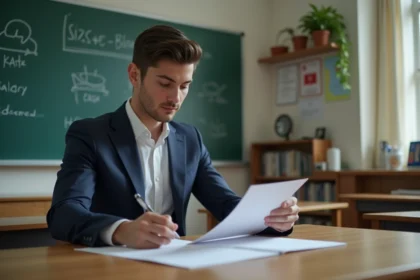 Jeune enseignant en classe avec documents de projection