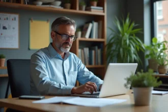 Professeur homme en réunion de travail avec ordinateur