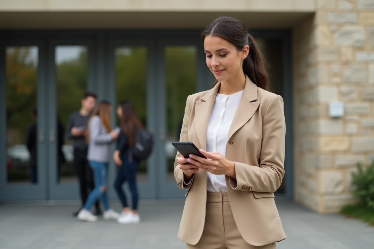 Femme enseignante dehors devant une école moderne