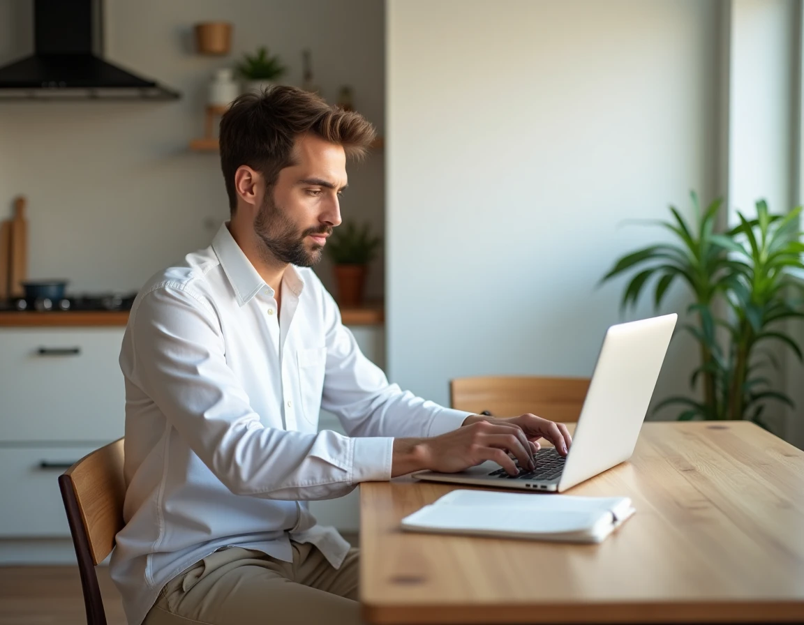 Homme utilisant son espace client en ligne depuis son domicile pour gérer son contrat Cofica Bail