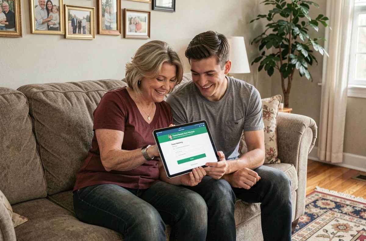 Mère et fils consultant ensemble une confirmation de transfert d'argent vers les USA sur une tablette dans un salon