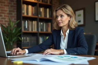 Femme d'affaires préparant un accord de surveillance de crédit sans service financier interne, entourée de documents financiers sur un bureau en bois