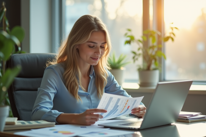 Femme d'affaires confiante analysant des documents financiers