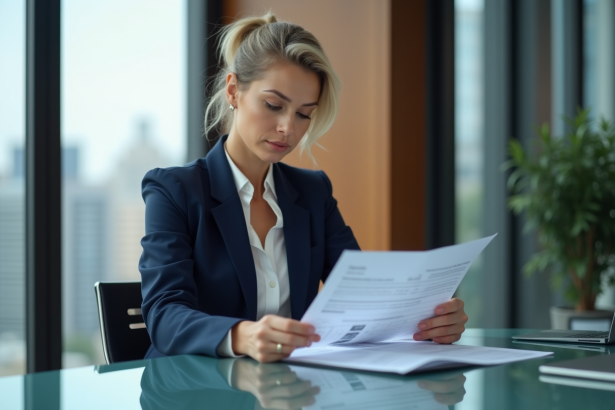 Femme d'affaires confiante en costume bleu dans un bureau moderne