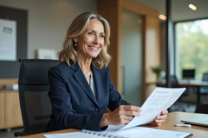 Femme d affaires en costume navy examine un plan de retraite