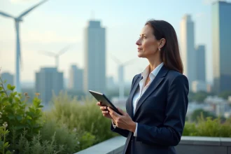 Femme d'affaires en costume sur un rooftop avec vue sur la ville et énergies renouvelables